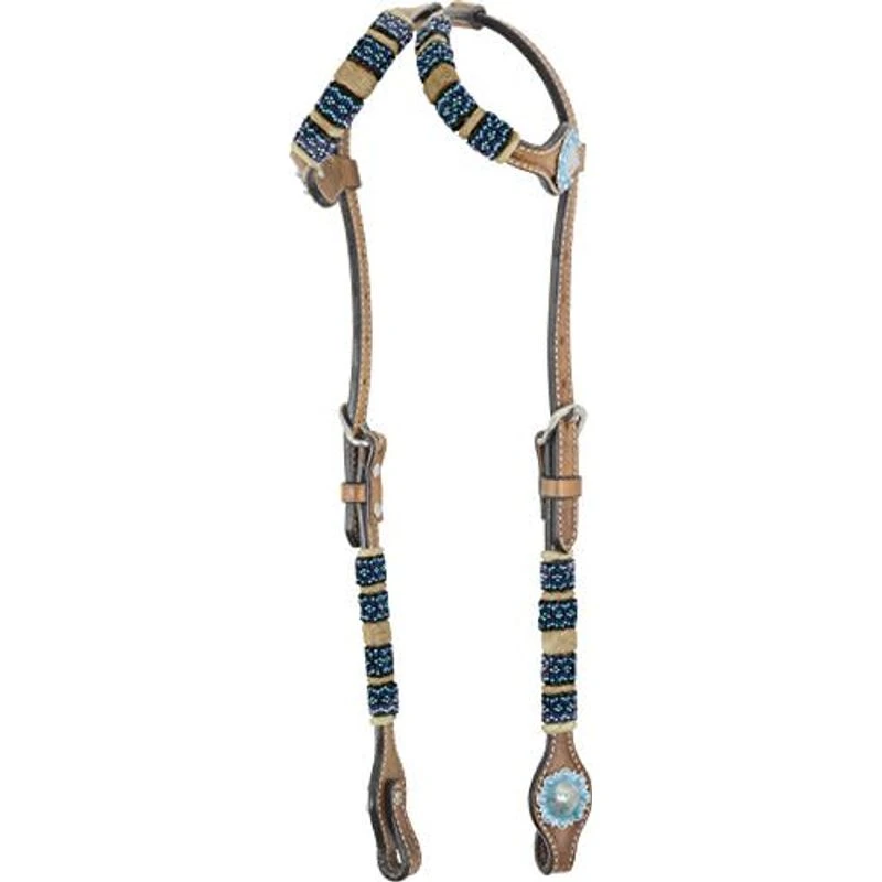 Western Rawhide Turquoise Beads Double Ear Headstall - Golden Tan 1 Western Rawhide Turquoise Beads Double Ear Headstall - Golden Tan
